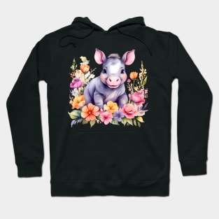 A baby hippo decorated with beautiful watercolor flowers Hoodie